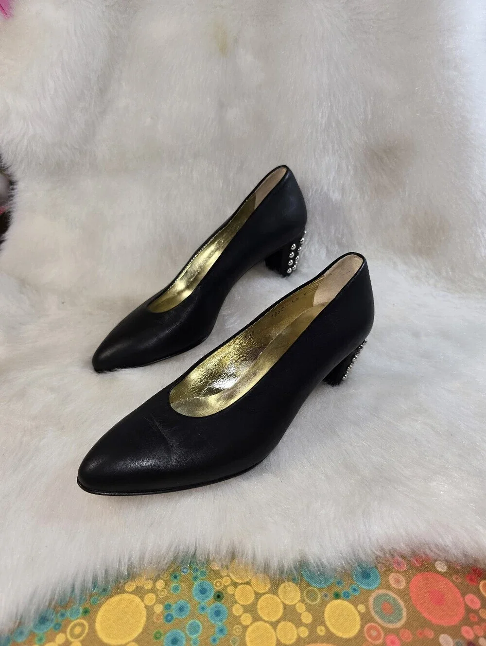 Walter Steiger Vintage Black Leather Studded Block Heel Pumps